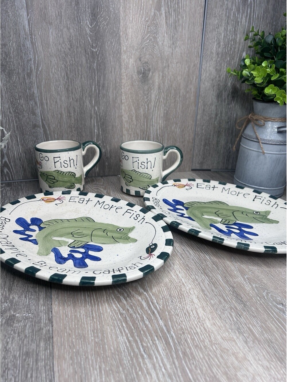 Eat More Fish Plate & Mug Set Hand Painted Cabin Lake House Rustic Cabin Decor